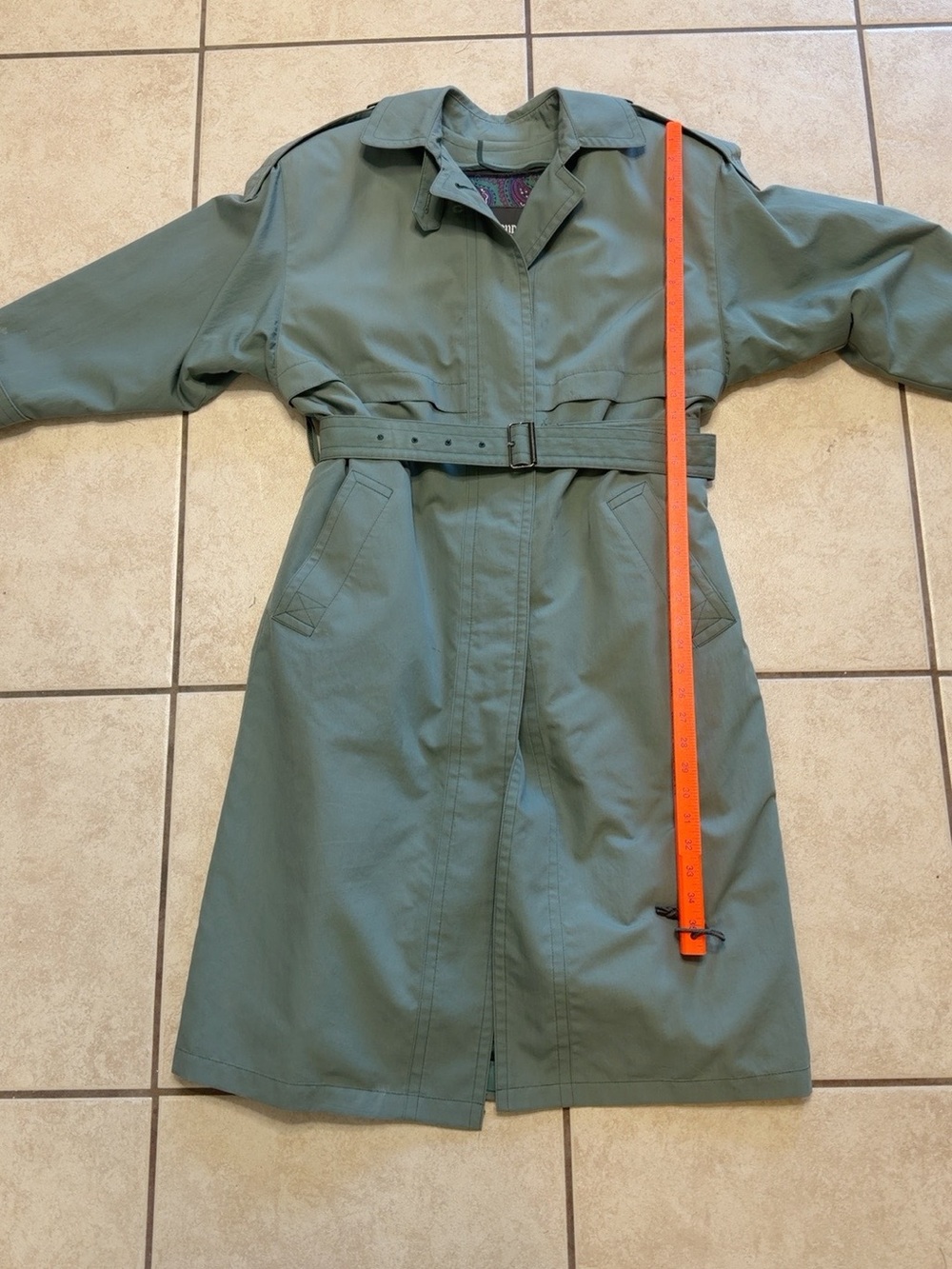 Vintage London Fog Sage Green Belted Trench Coat 4 Petite USA Paisley Liner - Picture 10 of 11